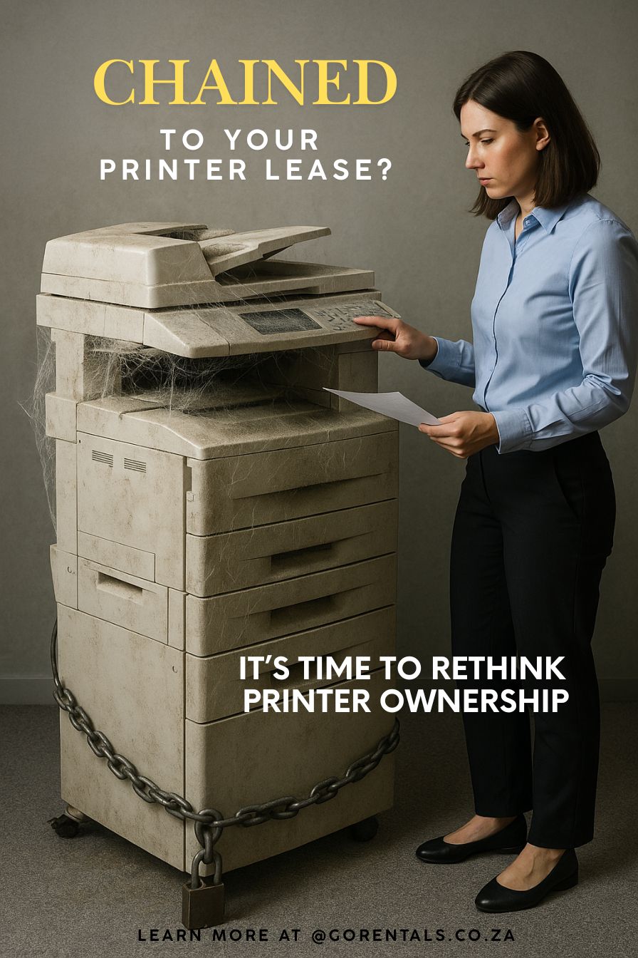 Frustrated businesswoman using an old copier chained to the floor, symbolising outdated printer leases and the need for flexible printer rentals in South Africa.
